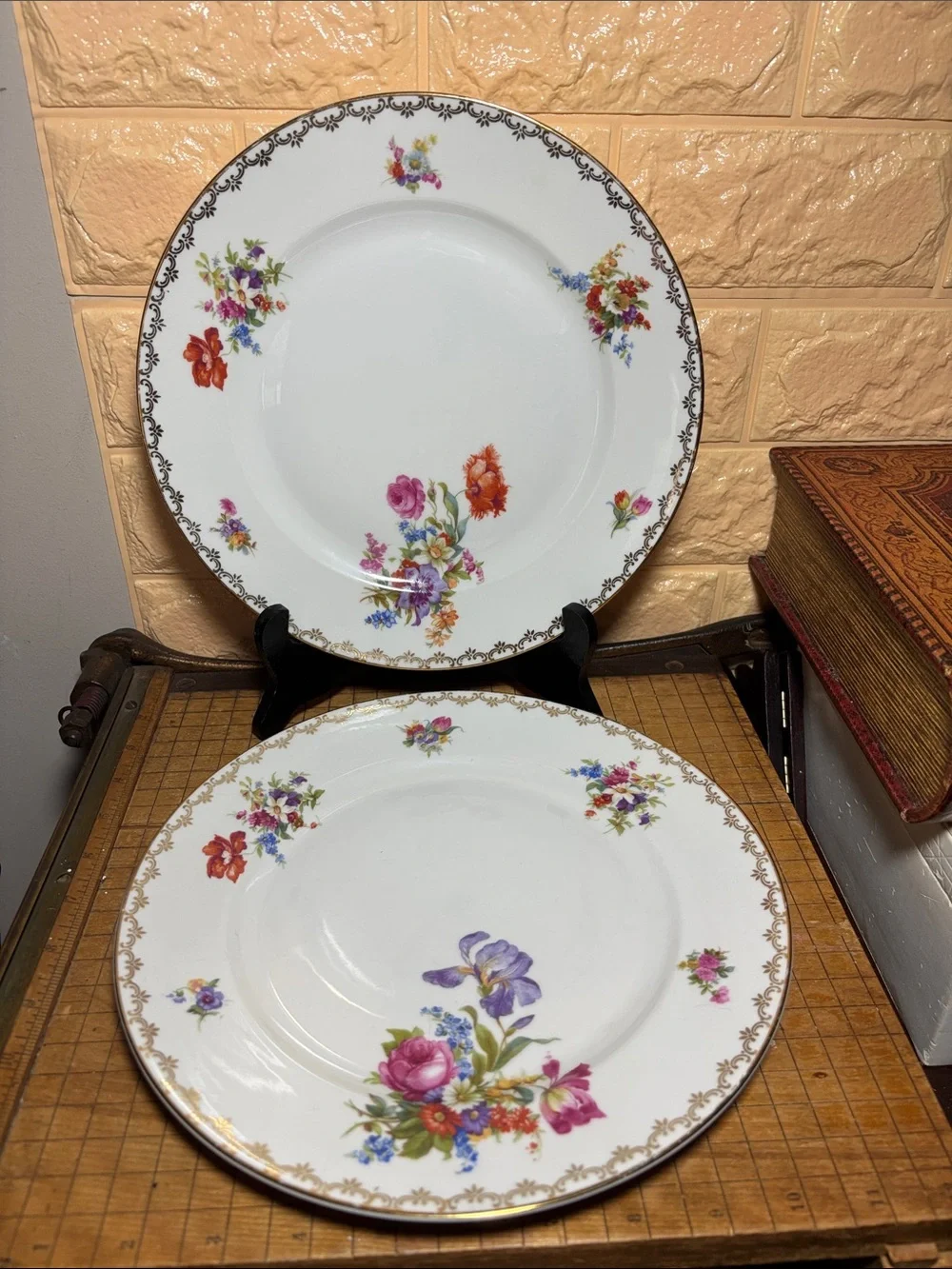 2 Heinrich Germany Dinner Plates 10 1/8” D Iris, Poppy w Mixed Floral